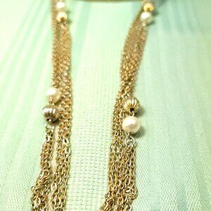 1960s- 52" Three-Strand Gold Tone Station Necklace Faux Pearl & Fluted Melon Bea